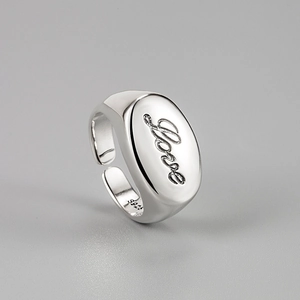 Retro S925 sterling silver Love signet open ring with polished vintage finish for women