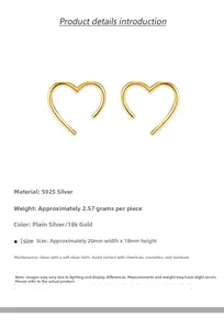Detail view of S925 silver hollow heart stud earrings with dimensions and 2.57g weight