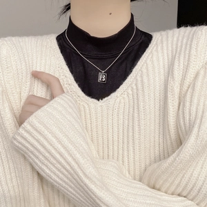 S925 sterling silver square black enamel pendant necklace with letter B for women