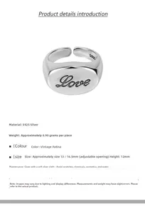 Detail of vintage S925 sterling silver wide ring with Love engraving and size specs