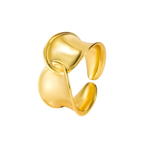 Artistic gold S925 sterling silver cross ring with liquid metal wave design and open band