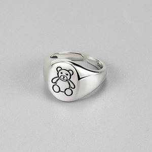 S925 Sterling Silver Vintage Cartoon Bear Open Ring For Women Adjustable Minimalist Teddy Bear Finger Ring Jewelry Gift