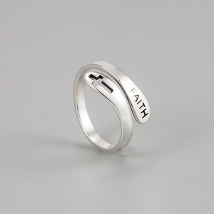 Minimalist 925 silver wrap ring featuring hollow cross design and FAITH engraving