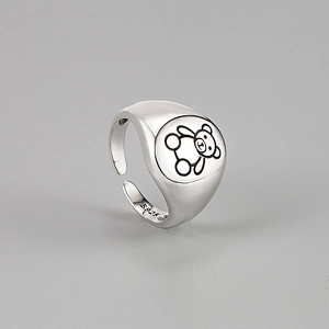Adjustable S925 sterling silver open ring featuring a vintage cartoon teddy bear design