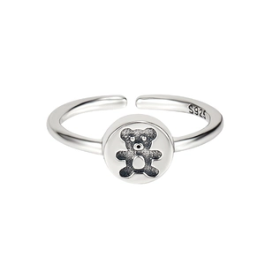 Retro S925 sterling silver open ring featuring a cute bear emblem in vintage finish