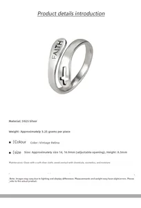 Macro detail of S925 silver faith cross ring showing adjustable size and dimensions