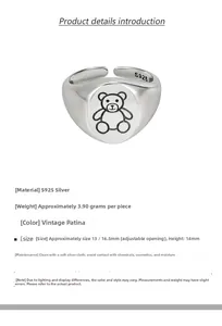 Detail of vintage S925 silver teddy bear ring with dimensions and 3.90g weight specs