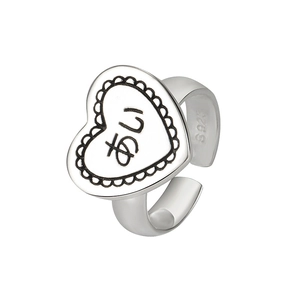 S925 Sterling silver heart open ring with Japanese engraving in minimalist style