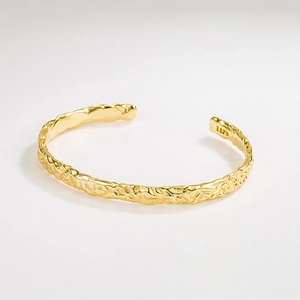 925 Sterling Silver Irregular Hammered Open Bangle Bracelet For Women Minimalist Wrinkled Texture 18K Gold Plated Jewelry Gift