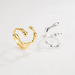 925 Sterling Silver Irregular Liquid Metal Ring French Design Geometric Melted Texture Adjustable Open Ring For Women Jewelry