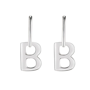 Minimalist S925 sterling silver hoop earrings with vintage letter B charms on white background