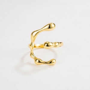 Artistic gold S925 sterling silver ring with liquid metal texture and irregular shape