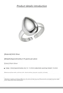 Macro view of S925 sterling silver teardrop ring with 3.75g weight and size parameters
