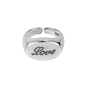 Vintage S925 sterling silver open ring featuring an oval face with Love engraving