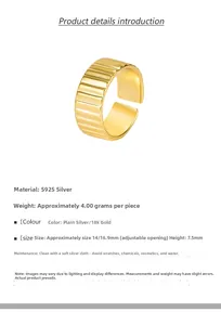 Detail of 925 sterling silver ring featuring vertical textured stripes and gold finish