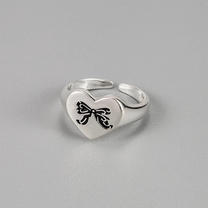 925 Sterling Silver Heart Bow Open Ring For Women Minimalist Adjustable Elegant Finger Jewelry Gift Simple Metallic Ring