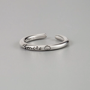 925 Sterling Silver Smile Face Open Ring For Women Vintage Minimalist Smile Letter Engraved Adjustable Finger Ring Jewelry