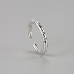 Polished S925 sterling silver open ring with smile icon and handwritten engraving
