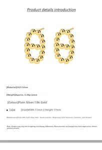 Detail view of 18K gold S925 silver H-shaped beaded earrings with size 11mm by 17mm