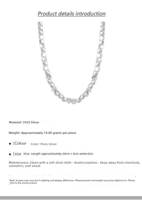 Detail specifications of S925 silver necklace showing 38cm length and 19g weight