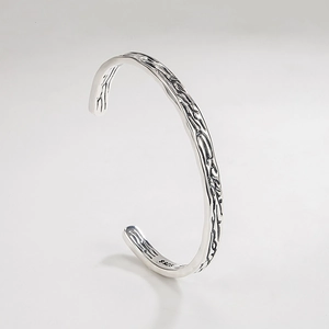 Vintage S925 sterling silver open bangle with artistic branch texture and hallmark
