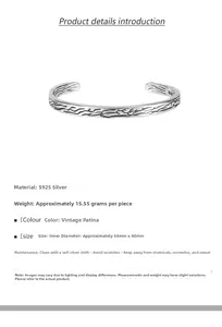 Detail view of S925 sterling silver cuff showing branch texture and product dimensions
