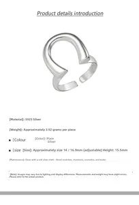 Macro shot of S925 sterling silver U-shaped ring with 3.92g weight and 16.9mm diameter details