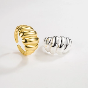 925 Sterling Silver Ribbed Croissant Open Ring Retro Minimalist Adjustable Gold Silver Texture Ring Jewelry Gift For Women