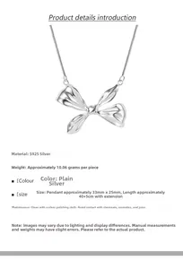Detailed specifications of S925 sterling silver bow necklace with size and weight chart