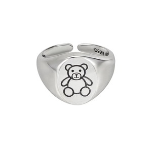 Retro S925 sterling silver adjustable open ring with minimalist cartoon bear engraving