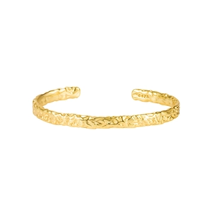 Irregular hammered texture S925 sterling silver open bangle with a polished gold finish
