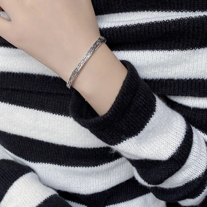 Minimalist S925 sterling silver open bangle with vintage natural bark texture for women