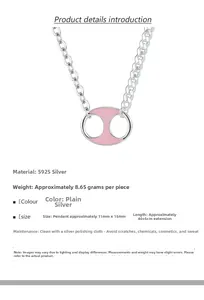 Detail of S925 silver necklace with pink enamel pig nose pendant and dimensions