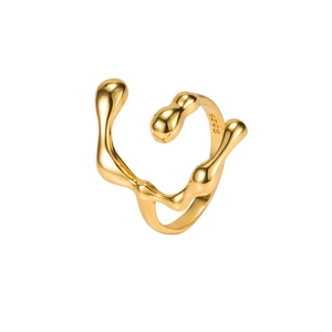 Minimalist S925 sterling silver ring with molten gold liquid texture and crossover design