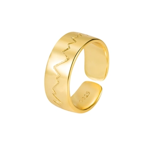 Adjustable S925 sterling silver ring with heartbeat pattern and gold finish