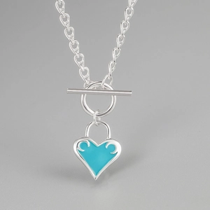 925 Sterling Silver Enamel Heart Pendant Necklace For Women Toggle Clasp Anchor Chain Minimalist Jewelry Gift Silver Blue