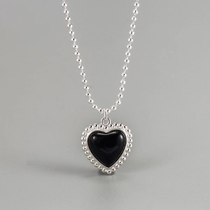925 Sterling Silver Black Onyx Heart Pendant Necklace Retro INS Style Ball Chain Clavicle Chain Jewelry For Women