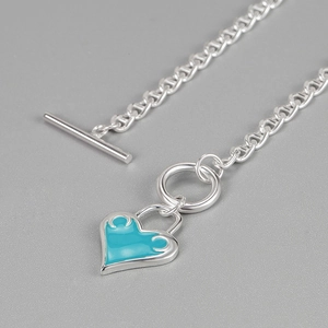 925 silver anchor chain necklace with blue heart enamel pendant and T-bar toggle clasp