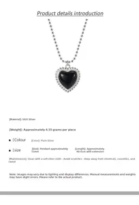 Detail of S925 sterling silver beaded chain with 15mm black onyx heart pendant necklace