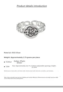 Macro detail of S925 sterling silver chain ring with I Love You engraved round plate