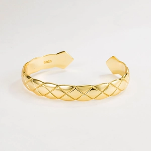 925 Sterling Silver Quilted Open Cuff Bracelet For Women Heavy Texture Ins Style 18K Gold Plated Luxury Fashion Bangle