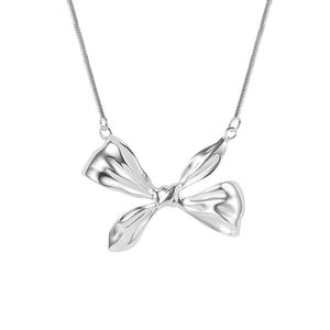 Vintage S925 sterling silver bow pendant necklace with sleek silver snake chain for women