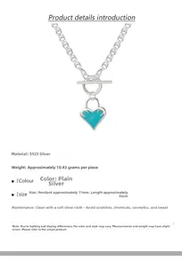 Detail of S925 silver necklace with heart enamel pendant and T-bar clasp specifications