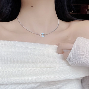 925 sterling silver chain with blue enamel round pendant and creative geometric H design