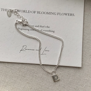 925 Sterling Silver Smile Face Square Lock Pendant Bracelet For Women Minimalist Adjustable Chain Daily Fashion Jewelry