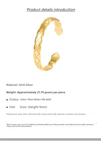 Detail of S925 sterling silver quilted cuff bracelet with luxury textured gold finish