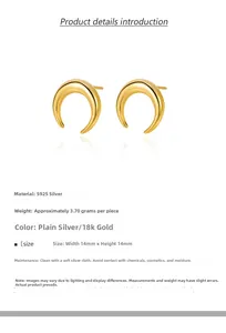 Detailed specs of S925 sterling silver crescent stud earrings with 18k gold plating