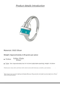 Detail of S925 sterling silver open ring with blue enamel lock pendant and measurements