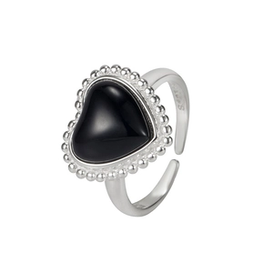 Retro S925 sterling silver adjustable open ring with heart-shaped black onyx inlay
