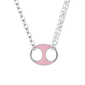 925 silver necklace featuring a pink enamel pig nose pendant on a polished O-link chain